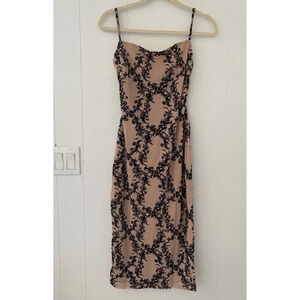 Lovely Day Taupe Dress With Black Printed Leaves Midi Dress Size L